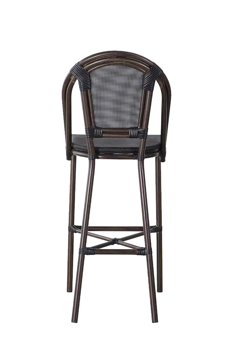 Outdoor Aluminum Poly Woven Barstool with Walnut Frame and Black Seat