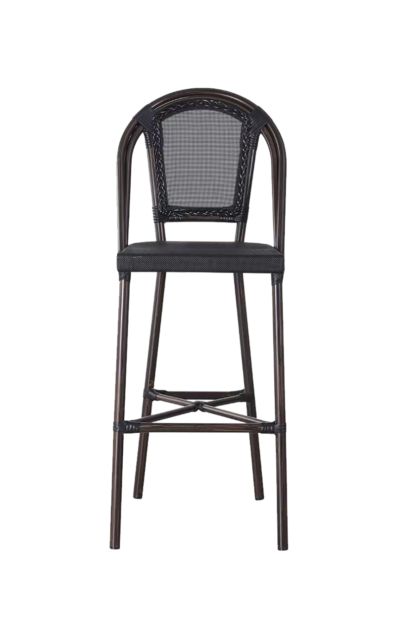 Outdoor Aluminum Poly Woven Barstool with Walnut Frame and Black Seat