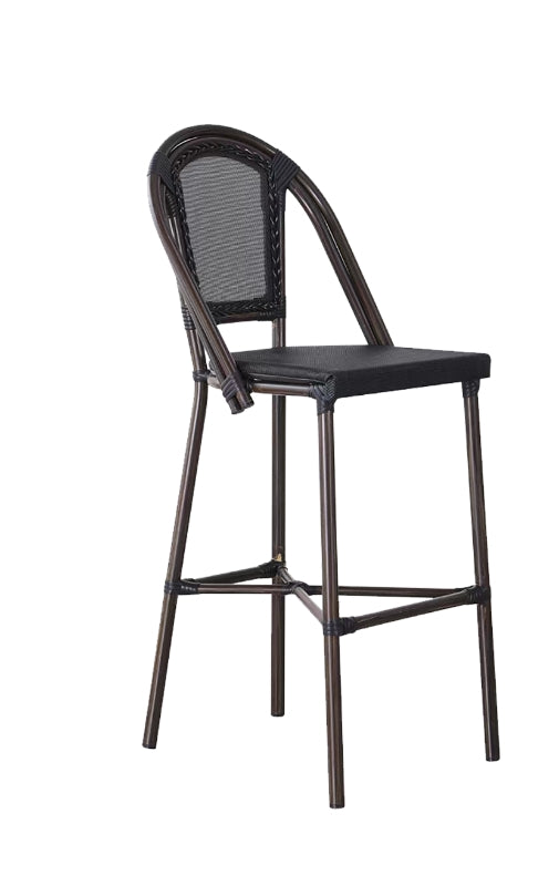 Outdoor Aluminum Poly Woven Barstool with Walnut Frame and Black Seat