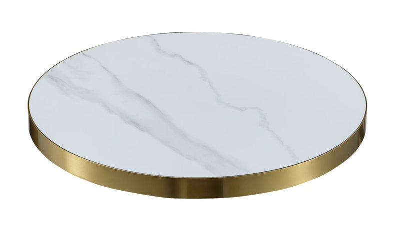 Snow White Marble Sintered Stone Matte Table Top with Gold Stainless Steel Edge