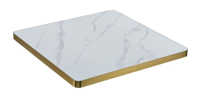 Snow White Marble Sintered Stone Matte Table Top with Gold Stainless Steel Edge