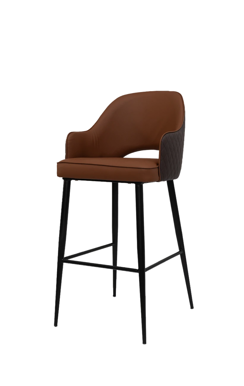 Black Steel Barstool With Brown Vinyl Seat and Back