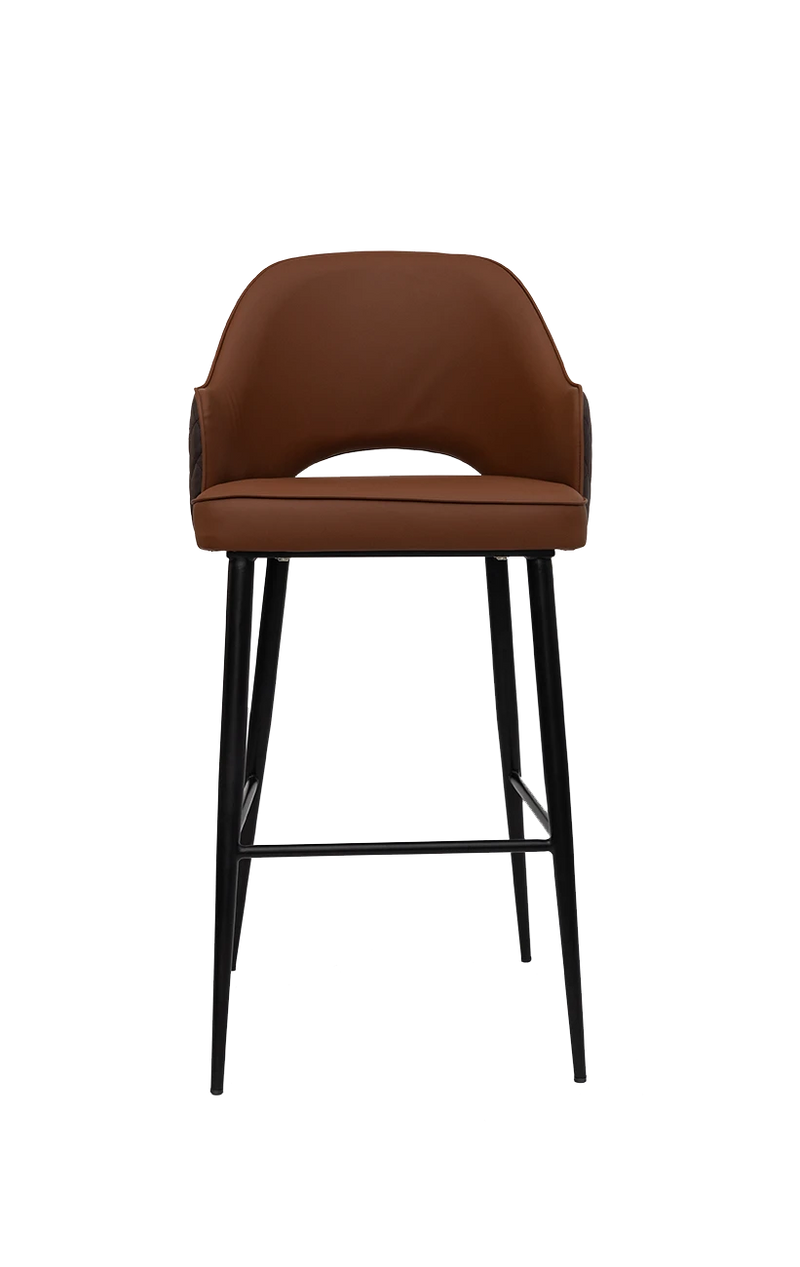 Black Steel Barstool With Brown Vinyl Seat and Back