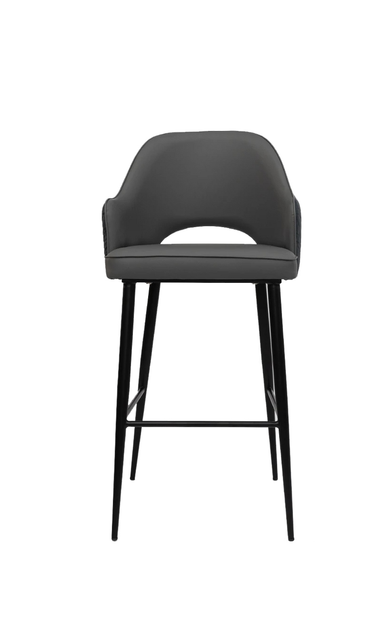 Black Steel Barstool With Gray Vinyl Seat and Back