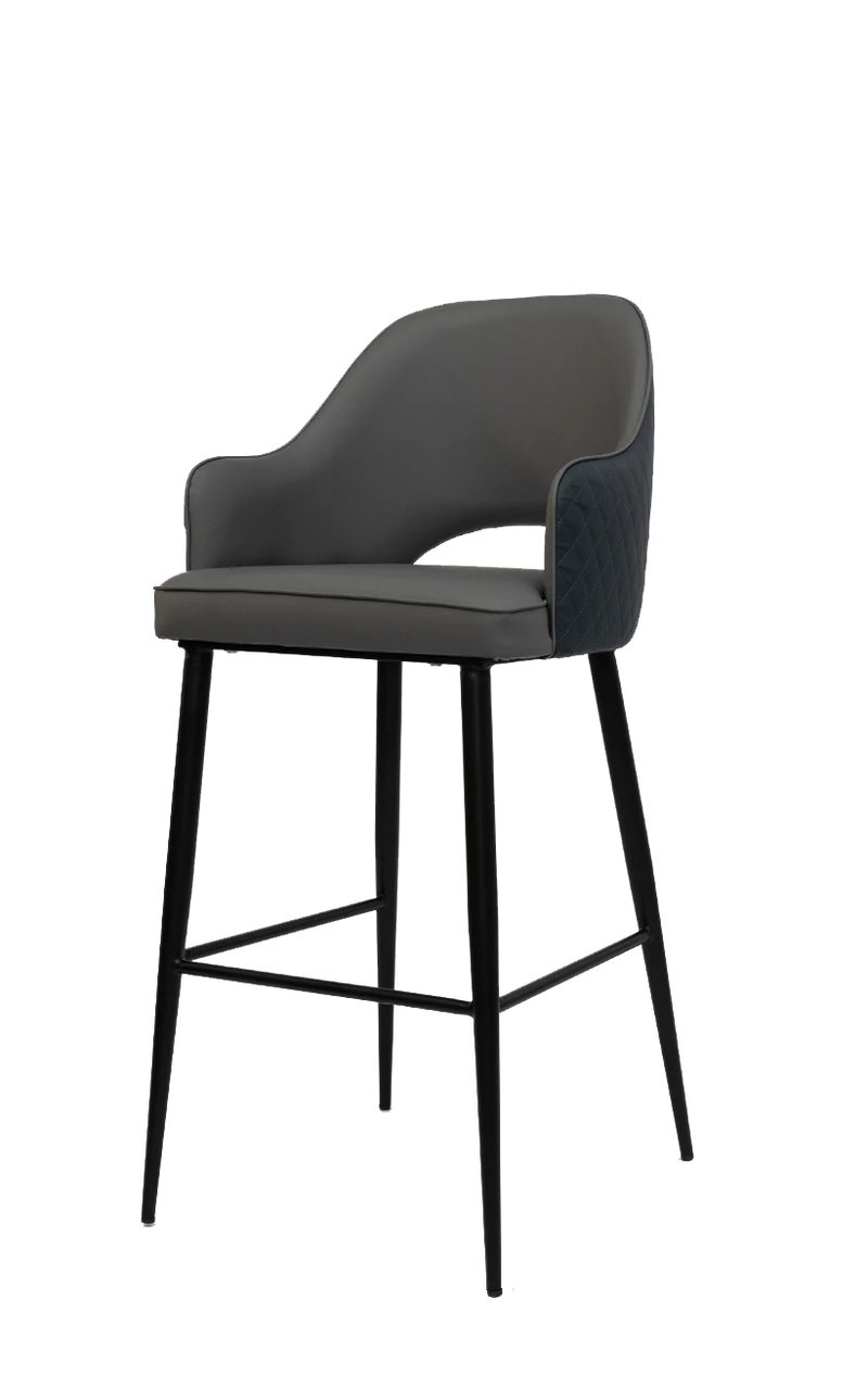 Black Steel Barstool With Gray Vinyl Seat and Back
