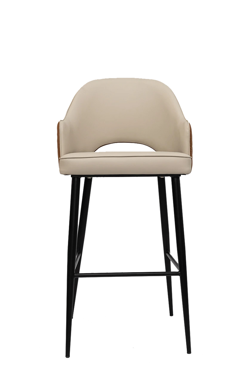 Black Steel Barstool With White Vinyl Seat and Brown Back