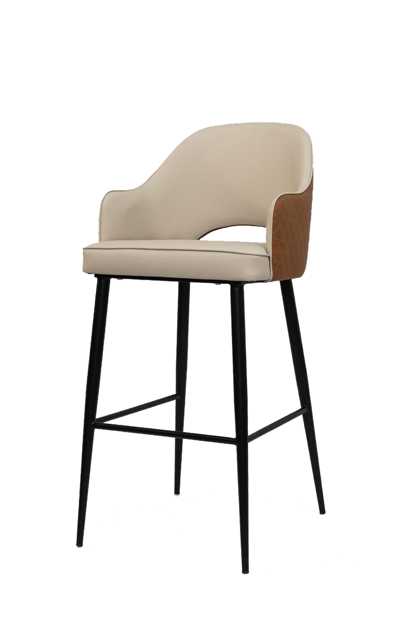 Black Steel Barstool With White Vinyl Seat and Brown Back
