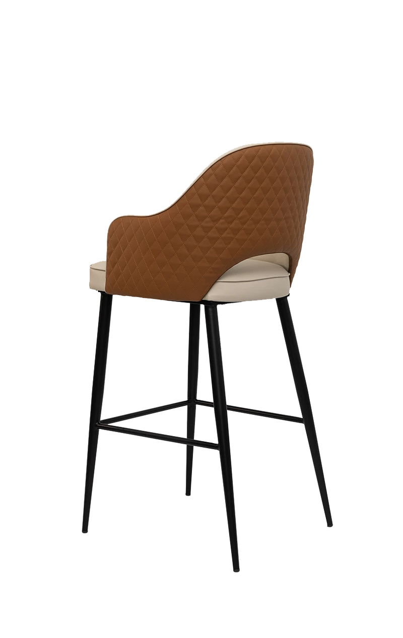 Black Steel Barstool With White Vinyl Seat and Brown Back